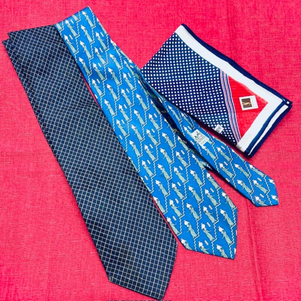 Set Necktie Silk : Hermes Paris & Les Mues Paris Blue + YSL Handkerchief 16"(48 - Picture 5 of 15